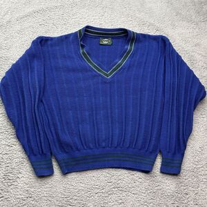 Jantzen Tennis Sweater Mens L Vintage Royal Blue Varsity Preppy V-Neck USA Made